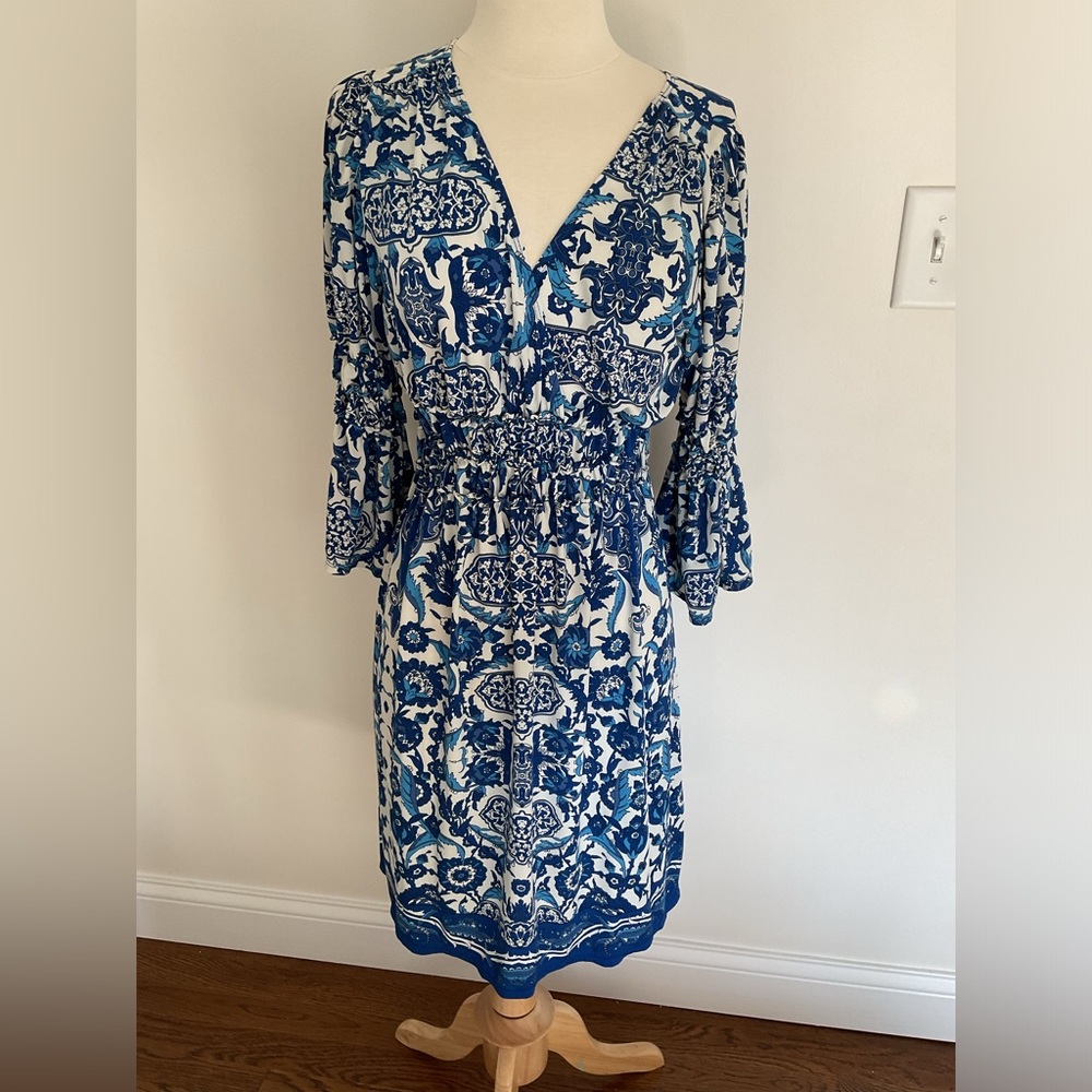 Stretch Jersey Blue and White Print Dress